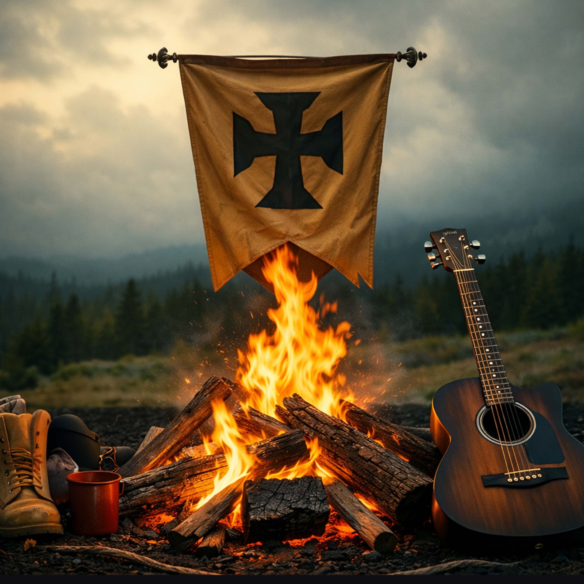 A campfire burning beneath a weathered banner at dusk, with an acoustic guitar resting nearby