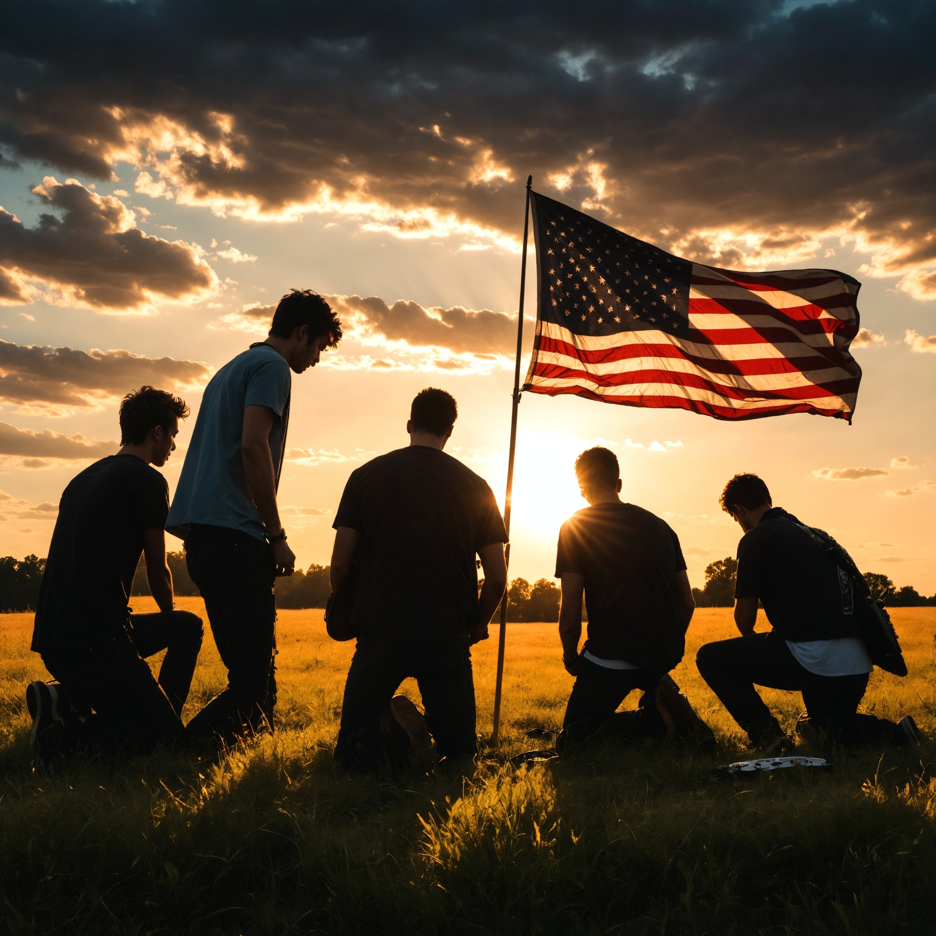 Five figures kneeling before a weathered American flag at sunset